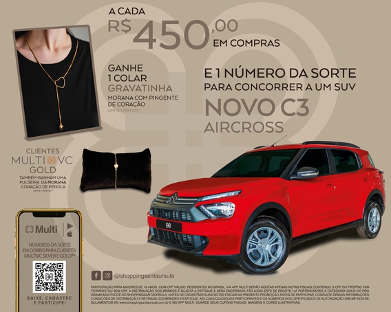 ShoppingSantaÚrsula vai sortear o novo Citroën C3 Aircross e presentear clientes com colar em campanha das mães