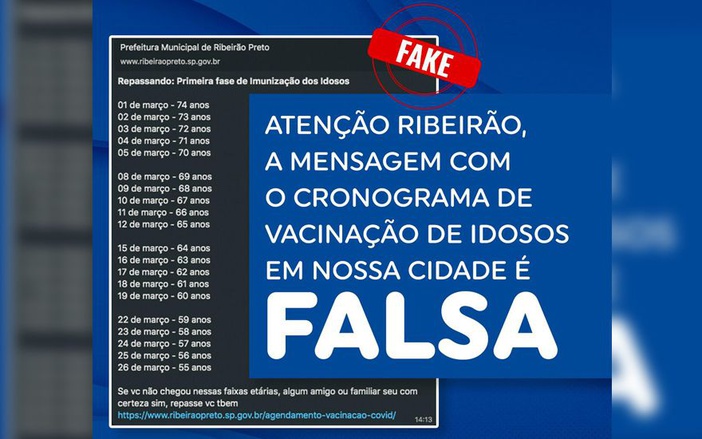 Mensagem com calendário detalhado de vacinação contra a Covid-19 em Ribeirão Preto é falsa