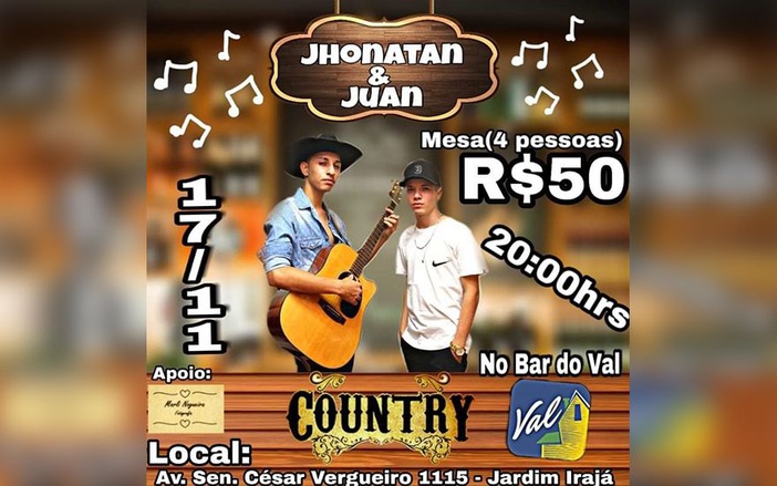 Jhonatan e Juan se apresentam no Bar do Val neste sábado, 17