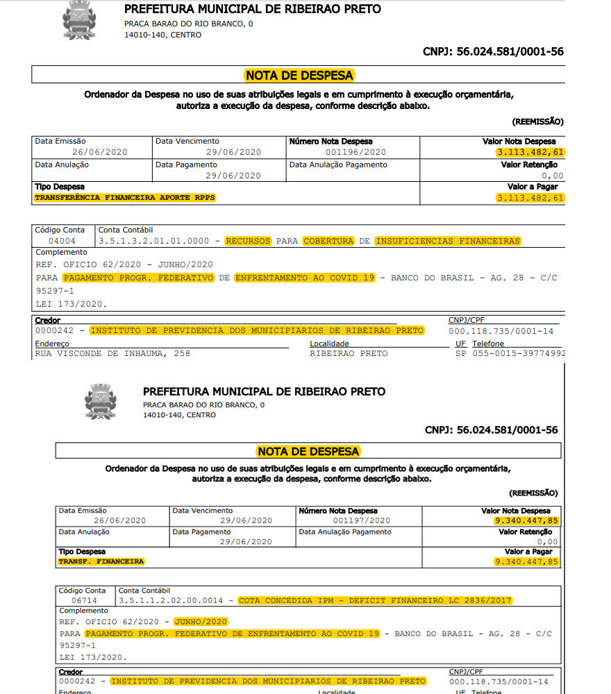 Notas de despesas de junho mostram destinação de recursos federais ao IPM; Prefeitura alega que ainda não recebeu os valores
